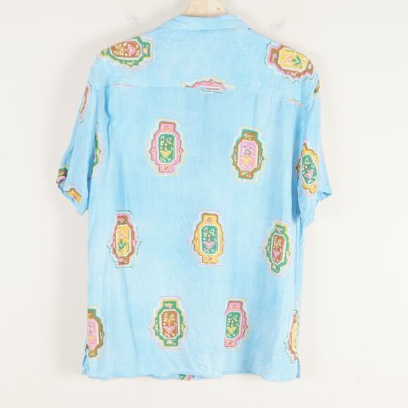 Zara Colorful Print Relaxed Fit Short SLeeve Blue Textured Button Shirt Sz L - Picture 2 of 9